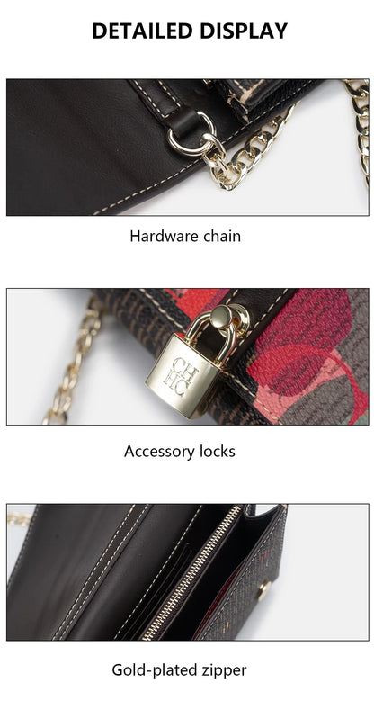 Chain Bag with Floral Letter Print Lock Design High Quality PU Material Women's 2025 Designer Shoulder Bag