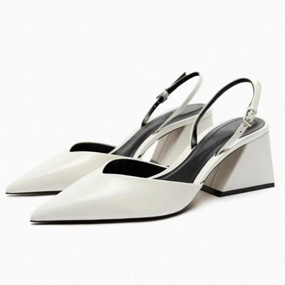 Sexy White Pointed Toe Chunky Heel Pumps Women Luxury Back Strap Buckle Designer Shoe Elegant Commuting Office Shoe Talons Femme