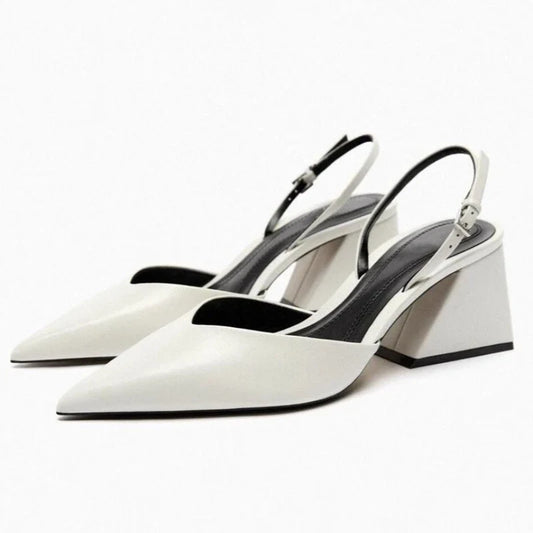 Sexy White Pointed Toe Chunky Heel Pumps Women Luxury Back Strap Buckle Designer Shoe Elegant Commuting Office Shoe Talons Femme
