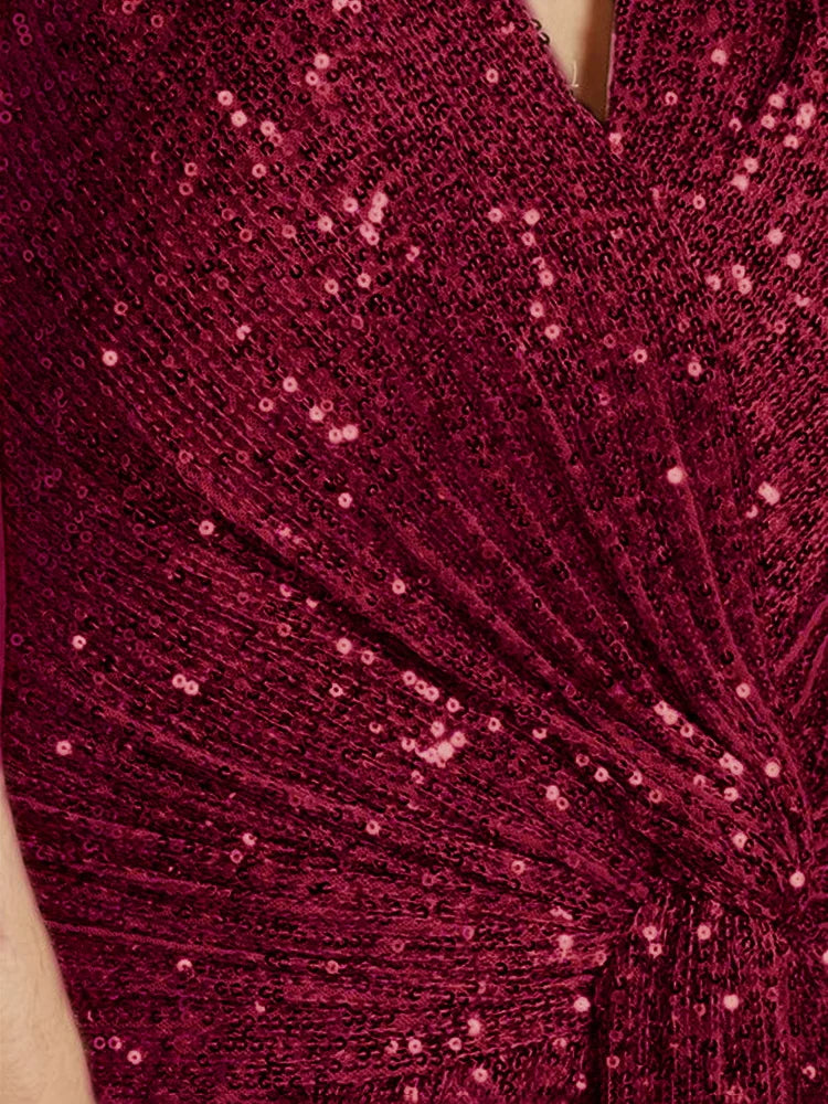 Luxury Red Floor Length V-Neck Evening Dresses Women Elegant Wedding Party Maxi Sequins Short Sleeves Prom Cocktail Gowns