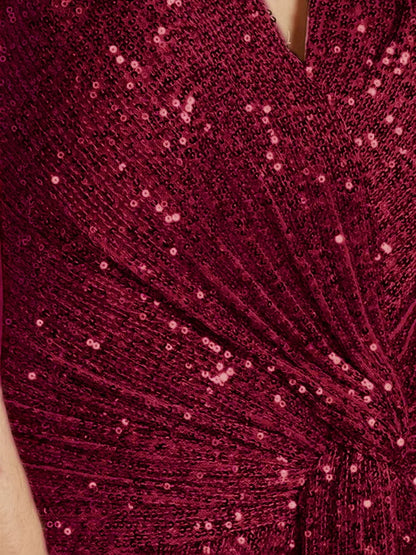 Luxury Red Floor Length V-Neck Evening Dresses Women Elegant Wedding Party Maxi Sequins Short Sleeves Prom Cocktail Gowns