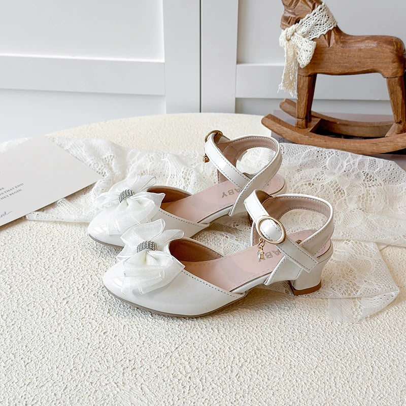 Girls Sandals Fashion Bow Girls High Heels Pink Kid Non-slip Princess Performance Shoes 3-18 Years Old Children's Leather Shoes