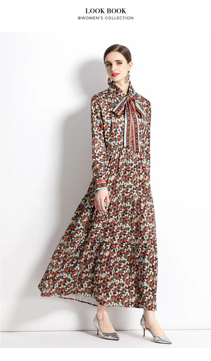 2024 Autumn New Women's European and American Versatile Waist and Slimming Letter Positioning Printed Dress A-line Long Dress