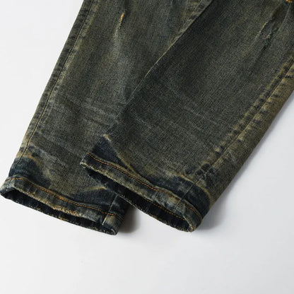 Y2k new men's jeans washed nostalgic perforated black leather patch deep blue jeans high street designer hip-hop brand high-qual