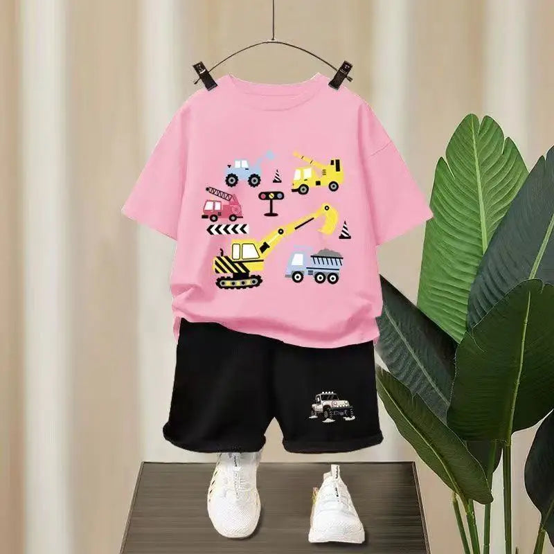 Summer Baby Girl Boy Clothes Set Children Excavator Cartoon Printing T-shirt and Short 2 Pieces Suit Kid Shorts Sleeve Tracksuit