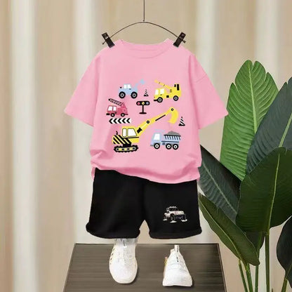 Summer Baby Girl Boy Clothes Set Children Excavator Cartoon Printing T-shirt and Short 2 Pieces Suit Kid Shorts Sleeve Tracksuit