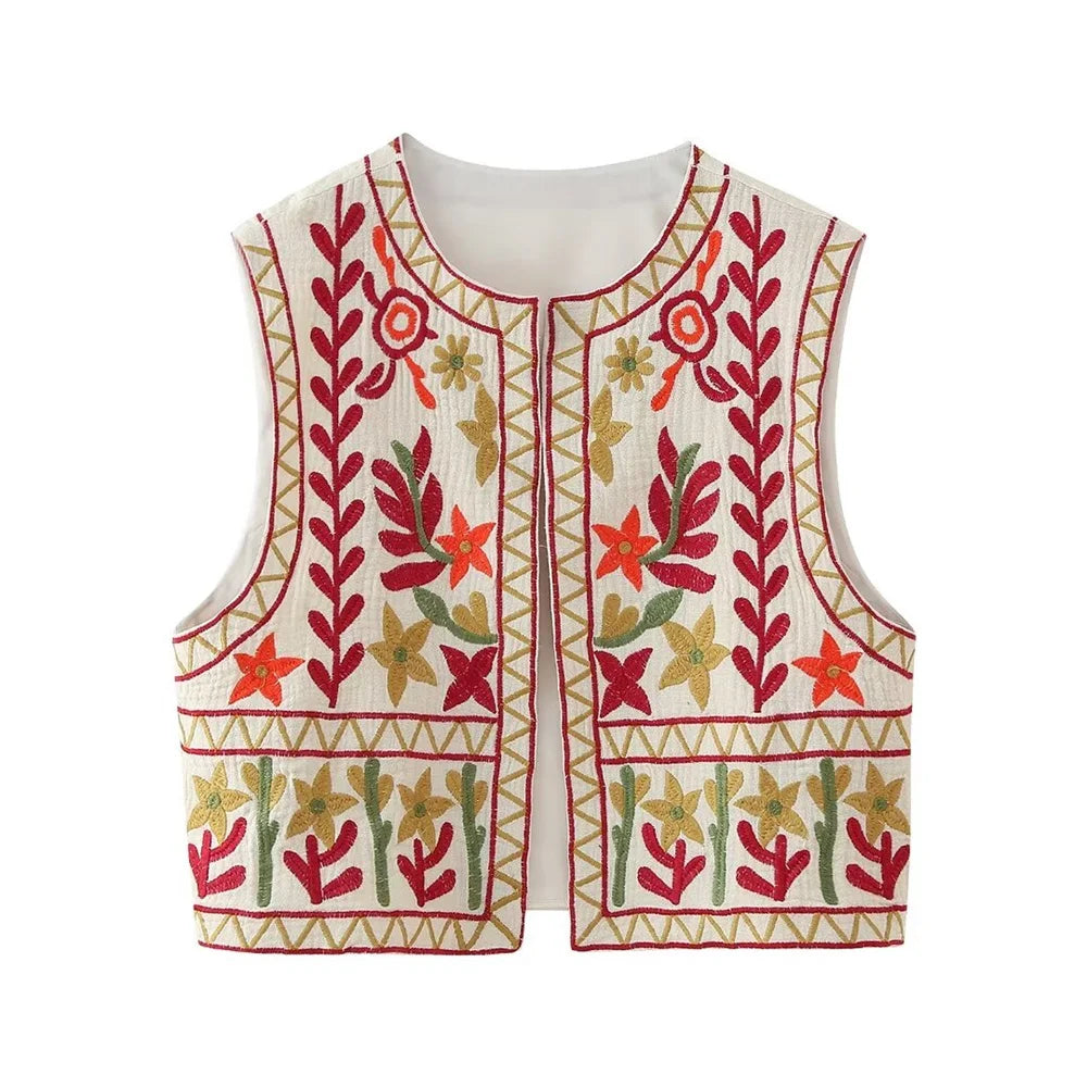 European and American Style 2024 Spring and Summer Women's New Fashionable and Versatile Round Neck Sleeveless Embroidered Vest