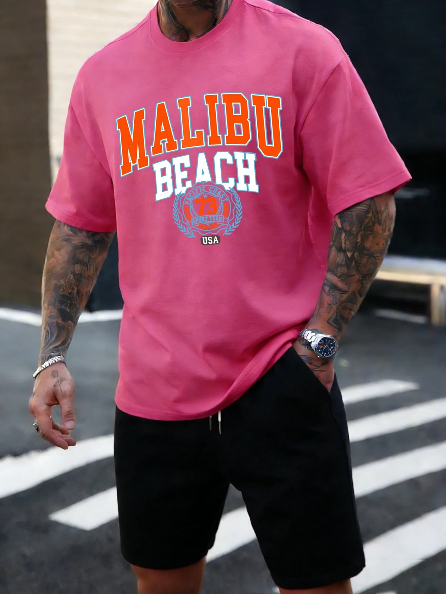 Malibu Beach 73 Usa Printing T-Shirt Mens Cotton T Shirts O-Neck Summer Basics Clothes Casual Trendy All-Match Short Sleeve
