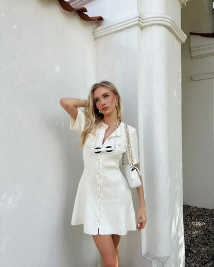 Elegant Knit Mini Dress Women Street Slim High Waist Short Sleeve Rib Sweater Dresses Vacation Bodycon Knitwear Dress