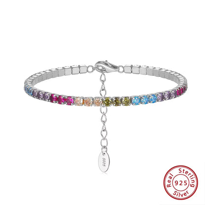 Fashion 3mm Bezel Setting Colorful 4A Cubic Zirconia Tennis 925 Sterling Silver Adjustable Bracelet for Women SB192