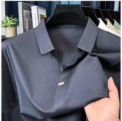 High quality ice silk short sleeve T-shirt men's lapel top trendy brand design cool silky breathable summer casual polo shirt