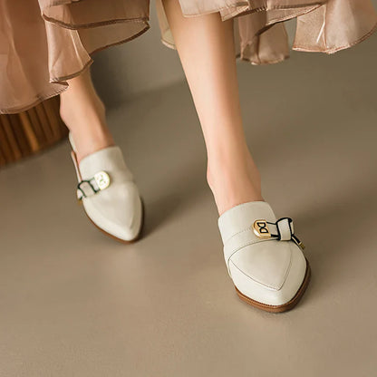 2025 French Style Genuine Leather Sandals Women Covered Toe Butterfly Knot Party Dating Sandals Office Ladies Pumps