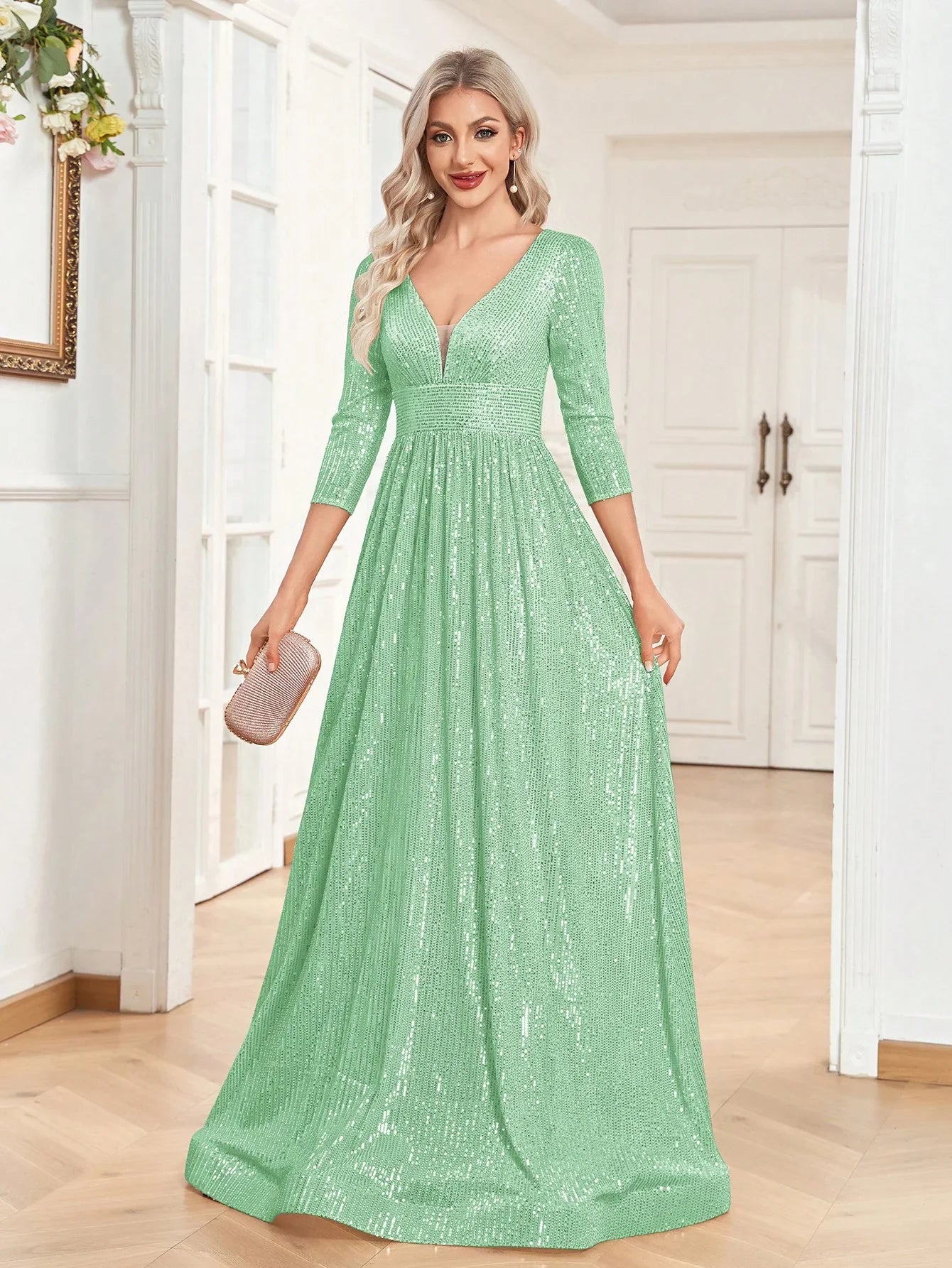 Luxury V Neck Long Sleeves Blue Sequins Formal Evening Dress Women 2024 Wedding Party Prom Maxi Cocktail Dress Gowns
