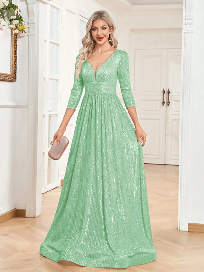 Luxury V Neck Long Sleeves Blue Sequins Formal Evening Dress Women 2024 Wedding Party Prom Maxi Cocktail Dress Gowns