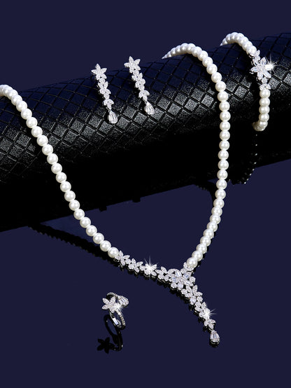 New Trendy Pearl Tassel 40cm Necklace Earring 4PCS Jewelry Set For Women Wedding Party Full Zircon Dubai Bridal Jewelry Set Gift