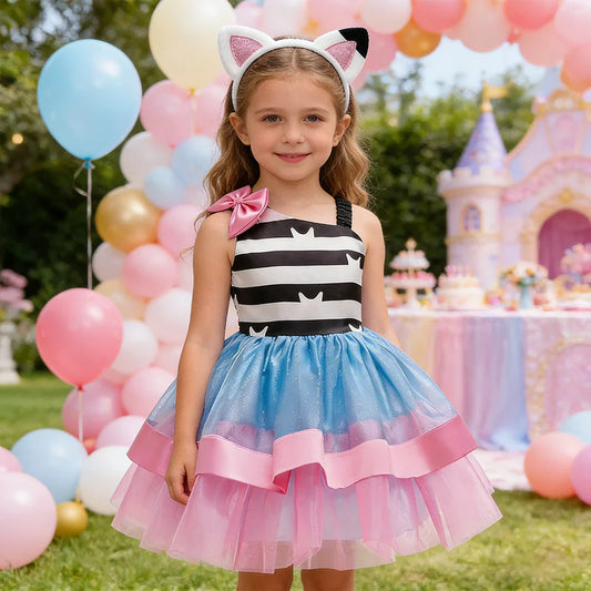 Summer Dress with Headband for Girls Gabby Cat Striped Sleeveless Dress Children Birthday Dress Gabby Dollhouse Cosplay Costume