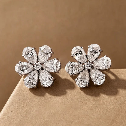 Cluster Flower Full Moissanite Stud Earrings for Women Pear Cut Lab Diamond Earring 925 Sterling Silver Ear Studs Fine Jewelry