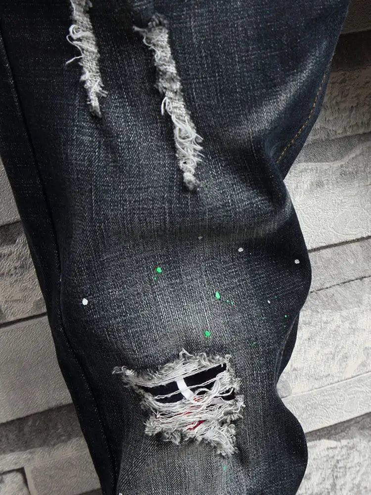 Men's Slim Fit Jeans Elastic Casual High Street Style Ripped Patchwork Pants Fashionable Tight Menswear Spring New Arrival