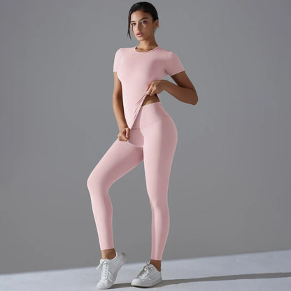 Yoga Set Women Workout Set Sportswear Gym Clothing Fitness Shorts Sleeve Crop Top High Waist Leggings Sports Suits