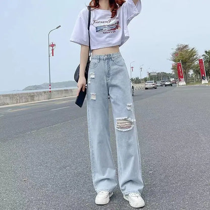 Calça Jeans Feminina Cintura Alta Primavera Verão Fina Reta Solta 2022 Nova Moda Casual Fina Perna Larga