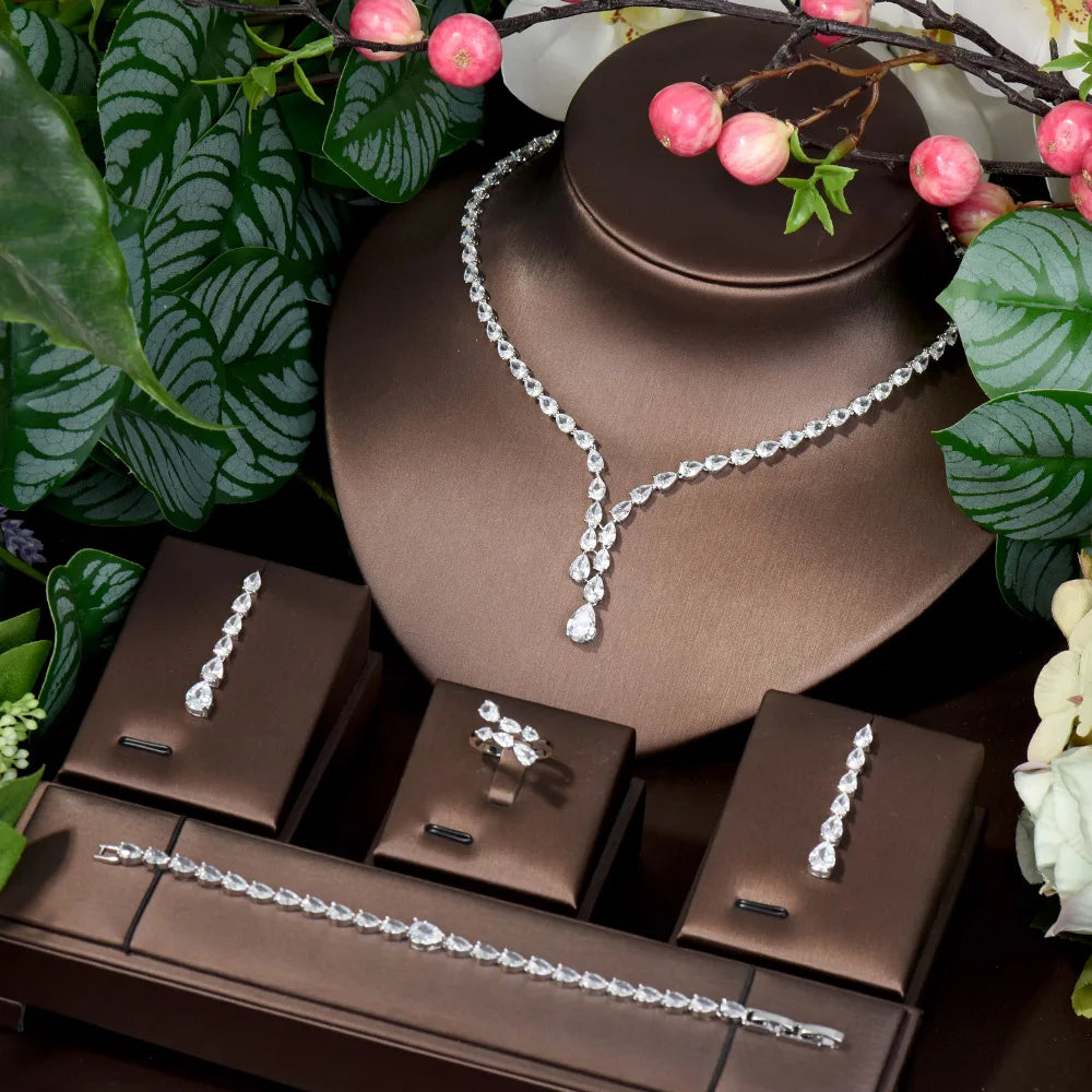 Simple CZ Ladies Jewelry Sets Water Drop Cubic Zirconia Crystal Tassel Earrings and Necklace Set for Women Gifts N-1149