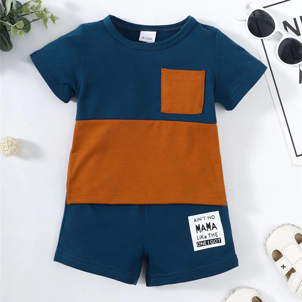 2PCS Summer Toddlers Boy Outfits Short Sleeve Pullover Color Block Top+Pants Fashion Casual Sports Set for Kids Boys 1-4 Years