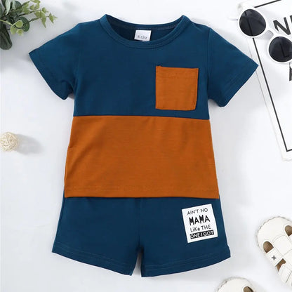 2PCS Summer Toddlers Boy Outfits Short Sleeve Pullover Color Block Top+Pants Fashion Casual Sports Set for Kids Boys 1-4 Years