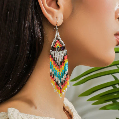 White Rice Beads Earrings For Women Retro Boho Tassels Water Drop Earrings Exaggerated Ethnic Style Earrings Jewelry