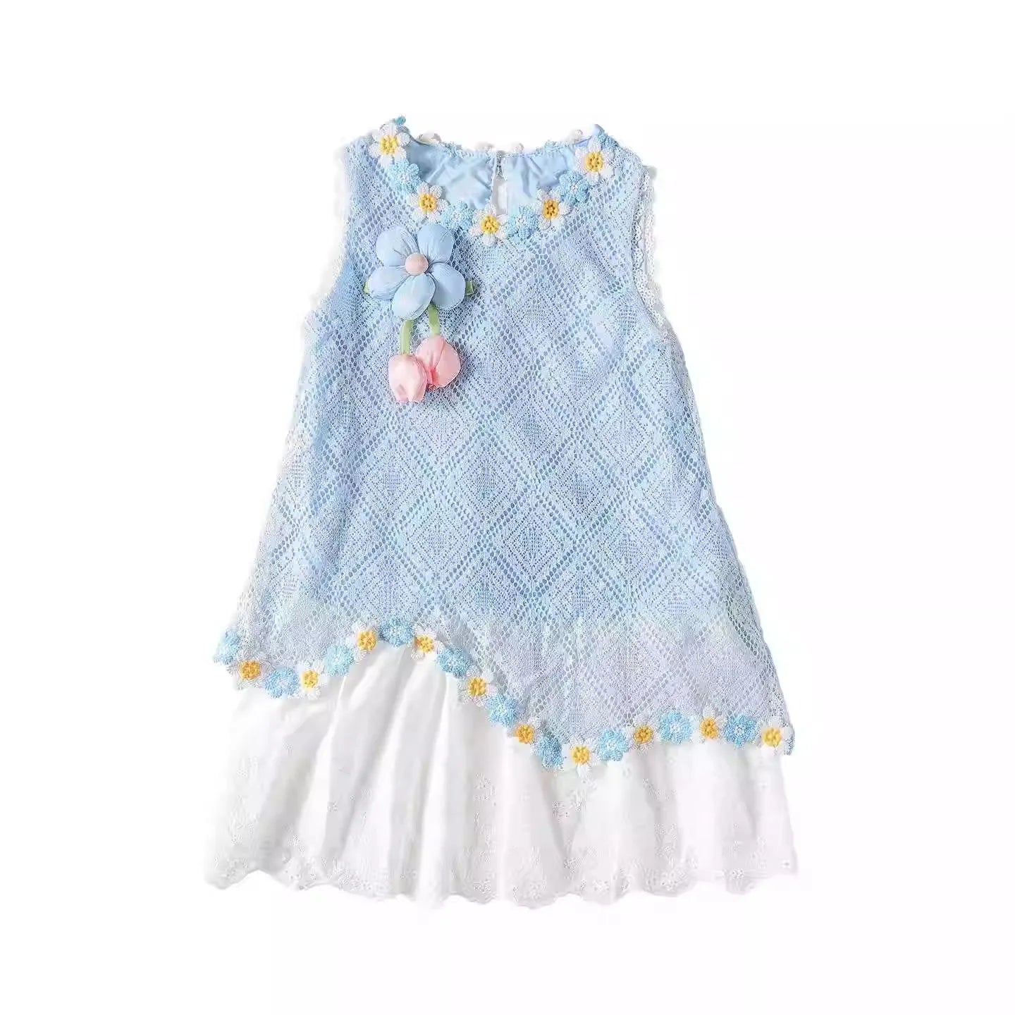 Girls' Dress Summer New Style Children's Fashionable Lace Princess Dress Little Girl Sweet Floral Vest Dress