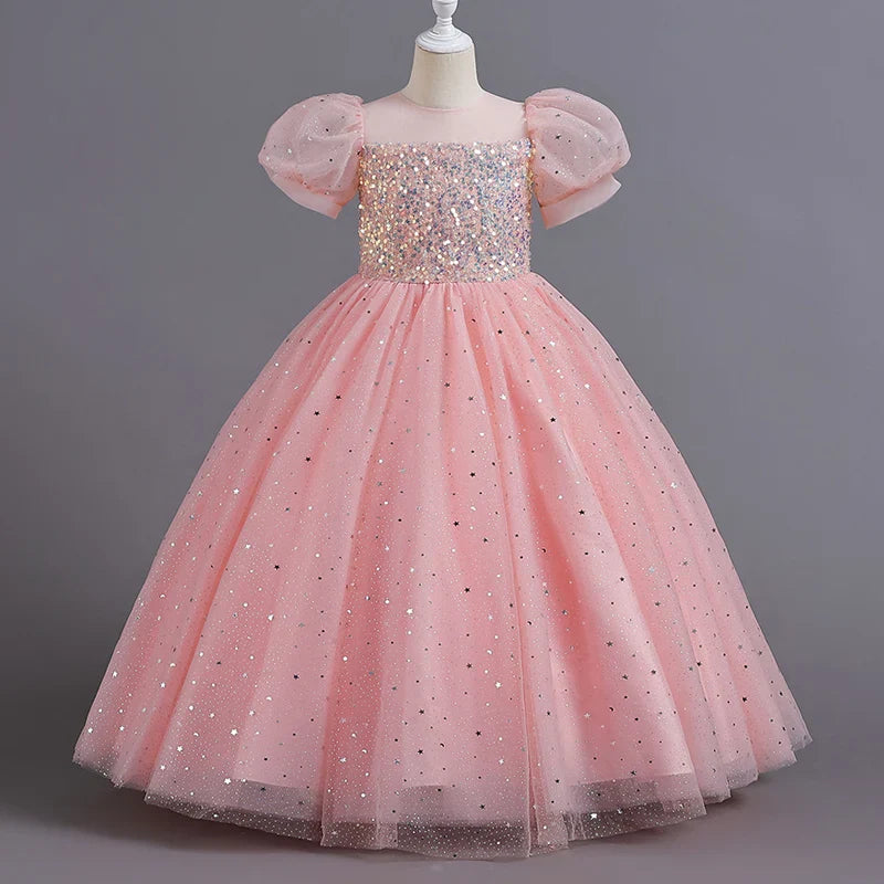 Children's Dress Girls' Princess Sequin Bubble Sleeve Long Mesh Flower Little Girl Wedding For Summer