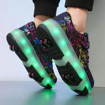 4 Wheel Dual-Use Roller Skates with Detachable Wheels ,Sneakers with LED Boys Girls Shoes with Wheels,Speed Skate Sizes 29-42