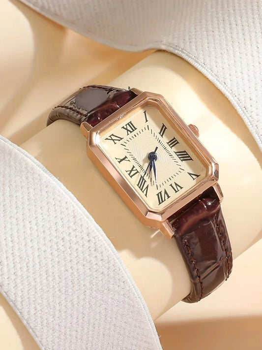 Casual Rectangle Pointer Quartz Watch Rome Fashion Analog Retro PU Leather Wrist Watch For Women Girls