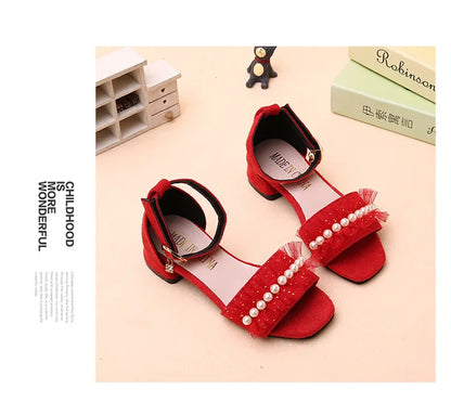 Girls Sandals Summer Shoes Cute Pearls Roman Shoes Pink Black Beading Open-toe Kids Fashion Girls Party Sandals Kids Shoes Chic