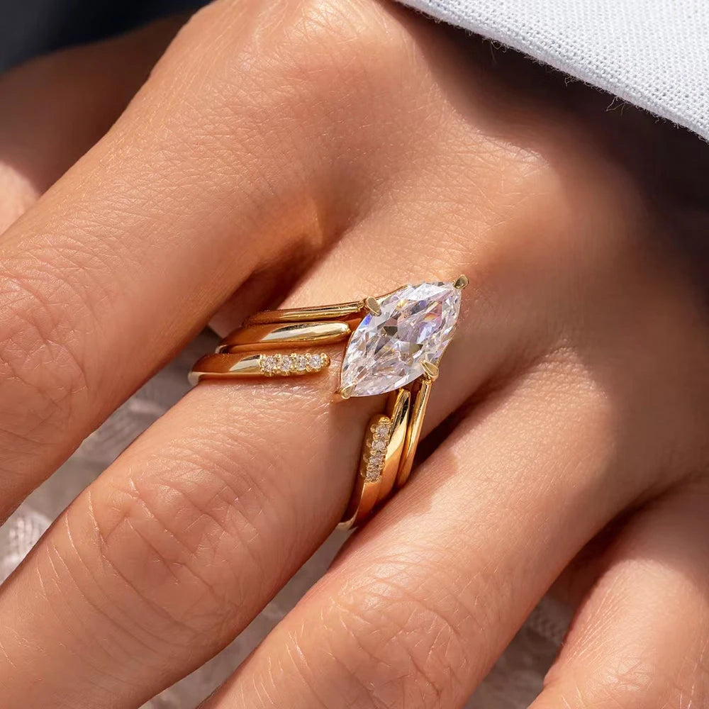 Marquise Cut Moissanite Ring Set S925 Silver Plate 18K Gold for Women GRA Certified Lab Diamond Wedding Band Gifts Jewelry