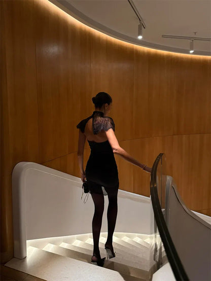 Lace Backless Sexy Mini Dress Women Gown Elegant See Through Turtleneck Sleeveless Bodycon Club Party Dresses Female