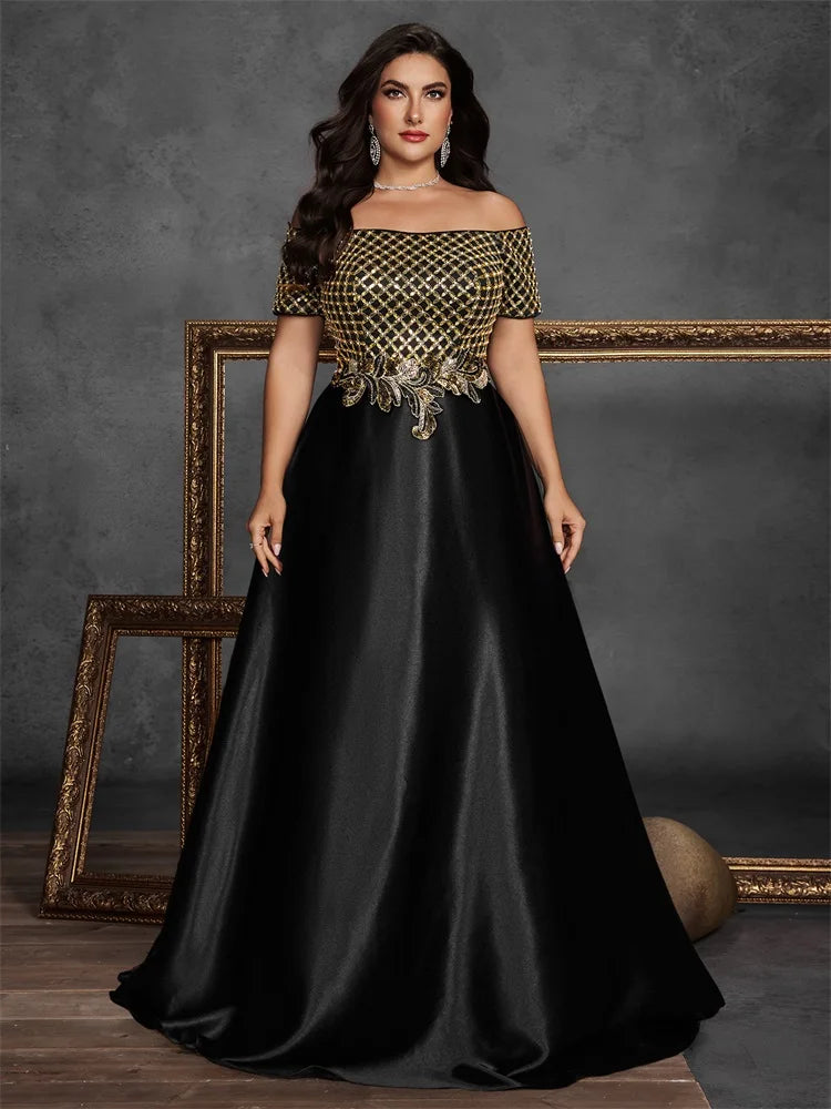 Plus Size Elegant Short Sleeve Sequins Splicing Formal Evening Dresses Women Luxury Party Bridesmaid Cocktail Gowns