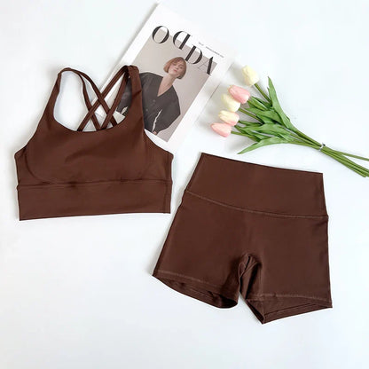 2Pcs Yoga Sets Naked Feel Gym Set Women Workout Clothes High Waist Yoga Shorts And Strappy Sports Bra Short Sets Summer