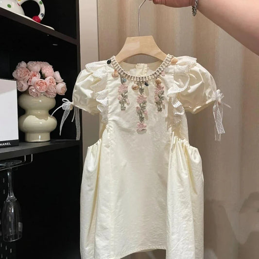 Sweet and Cute Girl Casual Round Neck Flower Embroidery Bubble Sleeve Princess Dress Birthday Party Summer New