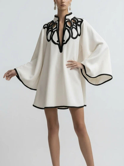 Hollowed V-neck Mini Dress for Women Flared Sleeves A-line Pleated Dress 2025 Stylish Contrast Trims Elegant Party Dress