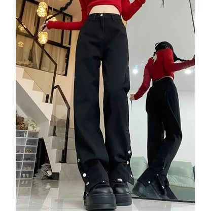 High Waist Jeans Women Black Baggy Straight Leg Denim Trousers
