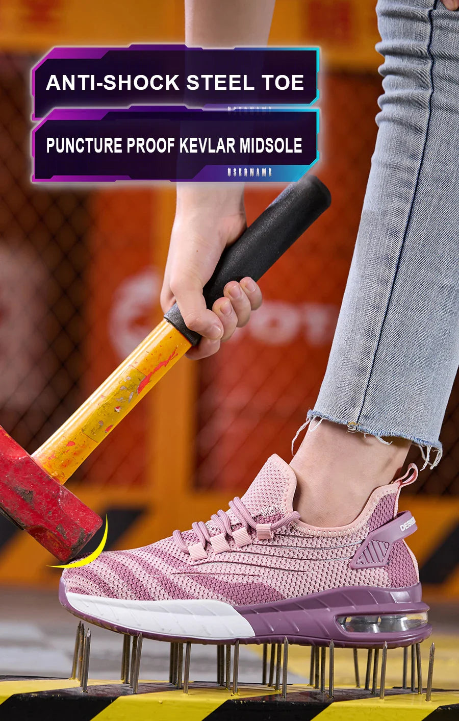 Ladies Safety Shoes Steel Toe Anti- Crush Fashion Pink Work Shoes Women's Footwear Comfortable Breathable for Office Use