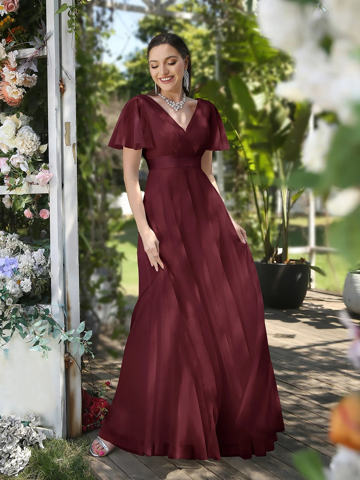 Empire Evening Dresses Cross V-Neck Tulle Short Sleeve Sashes Wedding Dress Sexy Backless Women's Formal Party Gowns