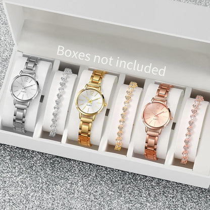 6PCS/Set Women's Watch Fashion Steel Band Quartz Watches Diamond Bracelets Set（Without Box）