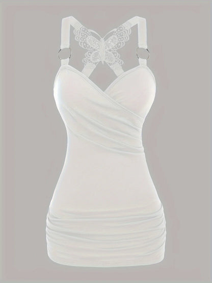 New European and American women's pleated suspenders butterfly lace cross vest in spring and summer of 2024