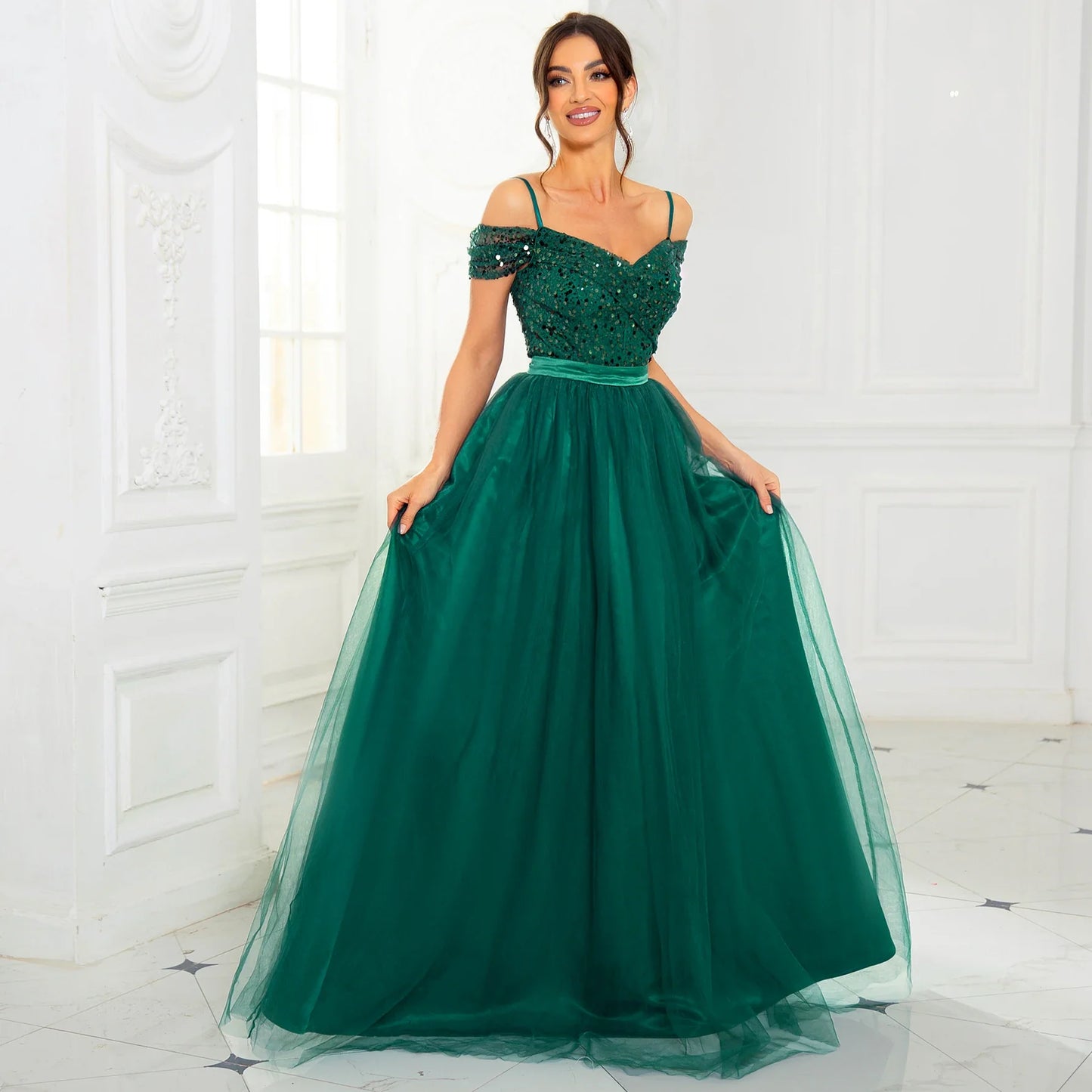 A Line Prom Evening Gown Off the Shoulder Backless Lace Up Sequin Patchwork Mesh Skirt Maxi Dresses for Women