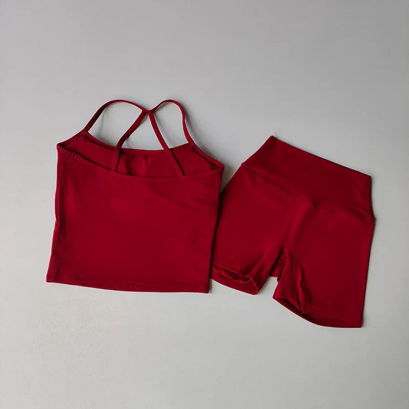Women's yoga exercise set, popular slim shoulder yoga vest paired with high waisted, waist hugging, naked yoga three part shorts