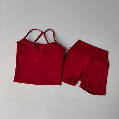 Women's yoga exercise set, popular slim shoulder yoga vest paired with high waisted, waist hugging, naked yoga three part shorts