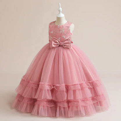 Summer Flower Bridesmaid Girls Dress Elegant Wedding Princess Party Kids Dresses For Girl Gala Bow Birthday Evening Prom Costume