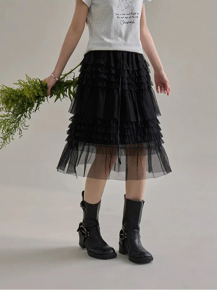 Korean Style Lace Elastic Waist Cake Skirt Mesh Puffy Skirt Women's Dress Knee Length Casual A-Line Skirt Micro Stretch No Slit