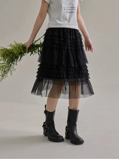Korean Style Lace Elastic Waist Cake Skirt Mesh Puffy Skirt Women's Dress Knee Length Casual A-Line Skirt Micro Stretch No Slit
